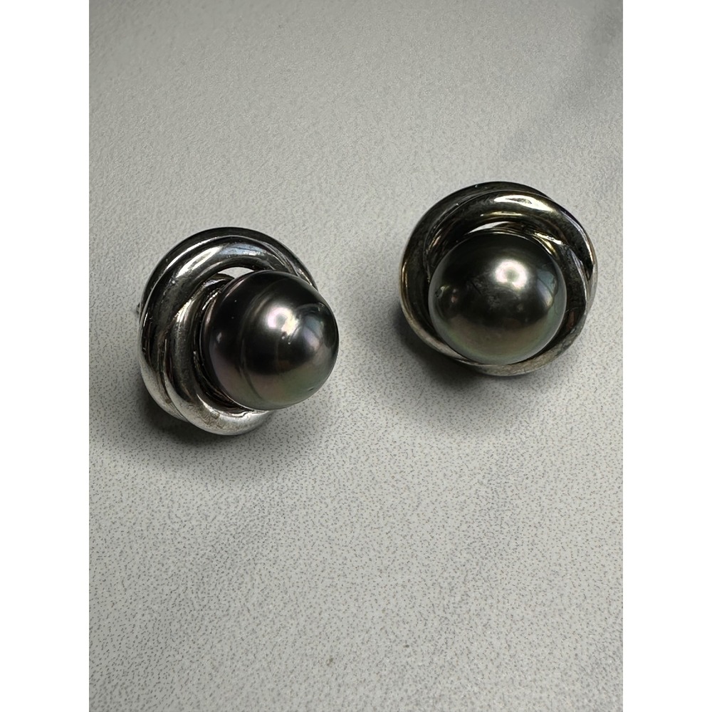 Sterling Silver 925 Black Tahitian Pearl Love Knot Swirl Stud Earrings 7.87g